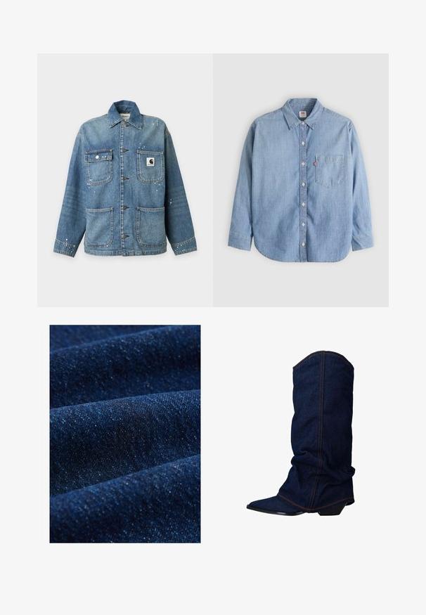 Blauwe spijkerjas met vier voorzakken, metalen knoopsluitingen, een kraag en kleine witte verfvlekken op de stof.; Lichtblauw denimoverhemd met een button-down kraag, borstzakje en lange mouwen. Heeft een afgeronde zoom en een subtiele textuur.; Donkerblauwe denim stof met een gladde textuur, subtiele glans en een licht rek. Zichtbaar enkels gedetailleerd patroon en fijne, contrasterende garen.; sacha Laarzen - blue