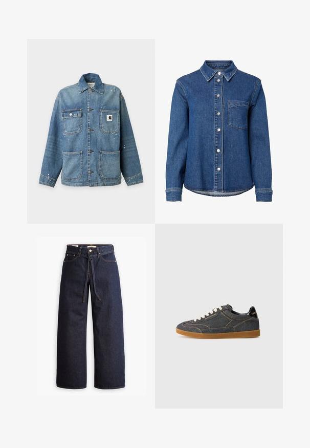 Blauwe spijkerjas met vier voorzakken, metalen knoopsluitingen, een kraag en kleine witte verfvlekken op de stof.; Blauw denim overhemd met lange mouwen, knopen aan de voorkant, een enkele borstzak aan de linkerkant en een klassieke kraag.; Wijd pijpjes donkerblauwe denim jeans met een hoge taille, voorzien van een trekkoord, vijf zakken en contrasterende stiksels.; Denim sneaker met een donkerblauwe bovenkant, contrasterende oranje stiksels en een gumrubberen zool. Heeft witte veters en een zwarte hielaccent.