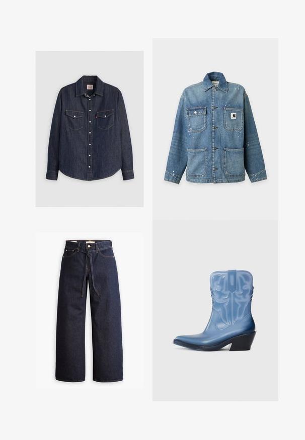 Blå denimjakke med fire forlommer, metal knaplukning, krave og små hvide malerpletter på stoffet.; Mørkeblå denimskjorte med lange ærmer, knaplukning fortil, to brystlommer med klapper og kontrasterende gule sømme.; Bredde ben mørkeblå denim jeans med høj talje, der har snoretræk, fem lommer og kontrastsyet detaljer.; Blå gummikspænderstøvle med spids tå, dekorativ syning og sort kilehæl. Høj skafter med et struktureret mønster.