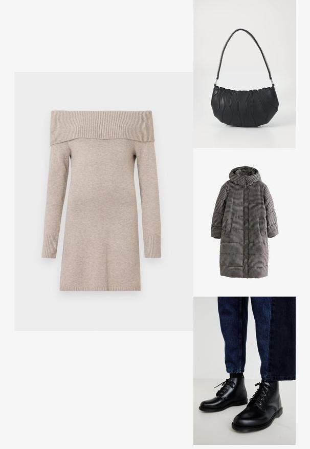 Polstret lang jakke i et brunt og marineblåt ternet mønster, med hætte, frontlynlås og sidelommer for praktikalitet. Quiltet struktur er tydelig.; Beige off-shoulder sweater, strikket tekstur, lange ærmer, ribbet halsudskæring og manchetter, midt-lår længde, glat stoffsammensætning.; Sorte ankelstøvler i læder med runde snuder, snørelukning, sølvfarvede forskruninger og teksturerede såler, kombineret med mørkeblå denimjeans.; Sort læderhåndtaske med en buet form, bølgende syningsdetaljer og en sølvfarvet kædestrop. Glat tekstur, kompakt størrelse.