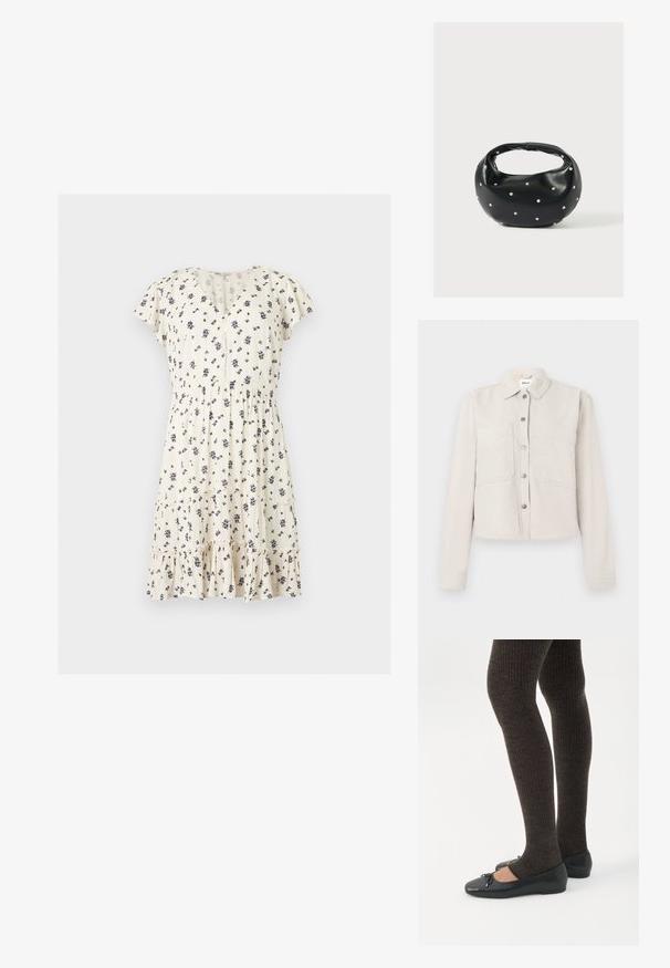 Veste courte beige clair avec manches longues, boutons-pression argentés sur le devant, col pointu et deux poches poitrine.; Robe courte à manches courtes crème avec imprimé floral noir, col en V, taille froncée, devant boutonné et ourlet à volants à étages.; Jambes portant des leggings côtelés foncés associés à des ballerines noires avec de petits détails en nœud sur fond blanc.; Sac à main en cuir noir de forme arrondie, décoré de clous argentés et équipé d'une poignée courte. Texture lisse et fermeture éclair.