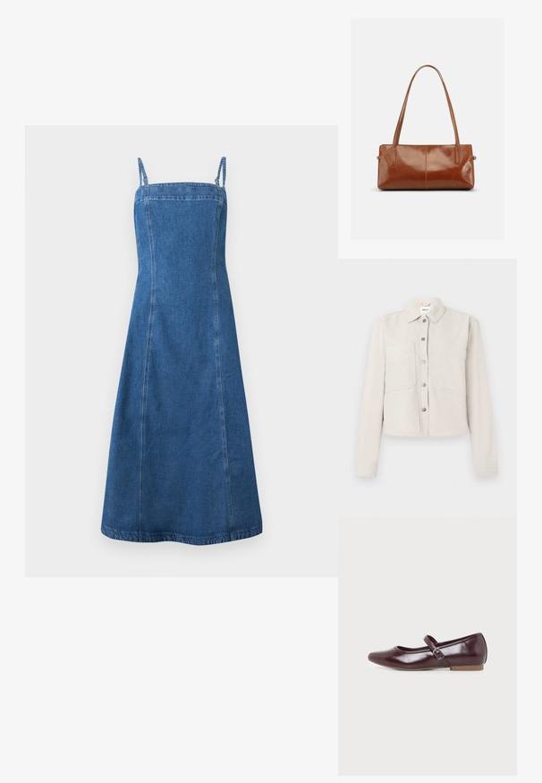 Veste courte beige clair avec manches longues, boutons-pression argentés sur le devant, col pointu et deux poches poitrine.; Robe midi en denim bleu avec fines bretelles, encolure carrée et corsage ajusté s'évasant légèrement vers l'ourlet.; Chaussure plate Mary Jane bordeaux avec bout arrondi, finition brillante, bride latérale ajustable avec boucle argentée et semelle basse couleur tan.; Sac à main rectangulaire en cuir marron avec deux longues bandoulières, finition lisse et brillante, au design minimaliste sur un fond uni.