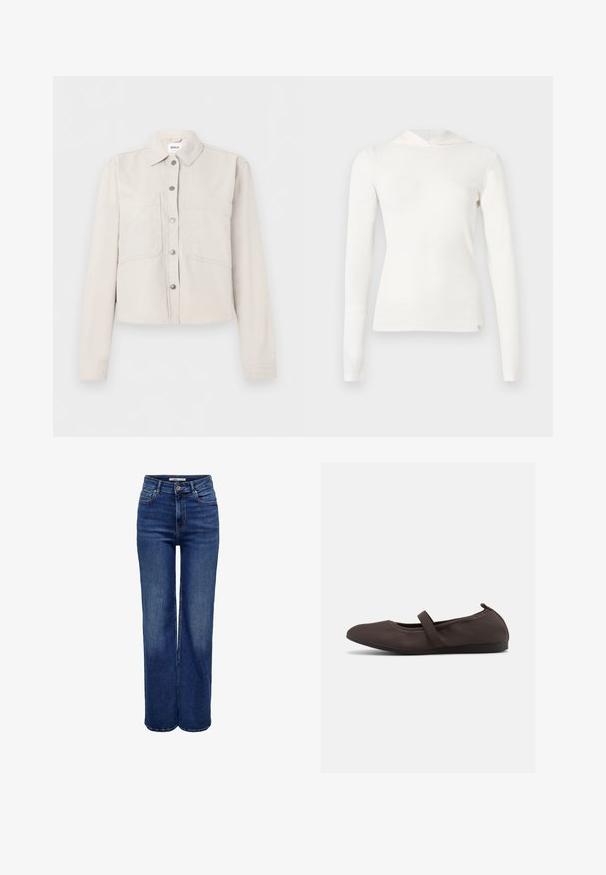 Lysebeige cropped jakke med lange ærmer, sølvfarvede trykknapper foran, spids krave og to brystlommer.; Hvid langærmet ribbet top med en fastgjort hætte. Blød tekstur, tætsiddende design og subtile syningsdetaljer ved kant og ærmekanter.; Jeans med høj talje og vide ben i mørkeblå denim, med knaplukning, fem lommer og kontrastsyninger.; Brun balletsko med elastisk rem og rundet tå, vist mod en hvid baggrund, sideudsigt.