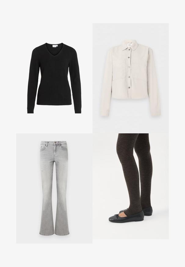 Lysebeige cropped jakke med lange ærmer, sølvfarvede trykknapper foran, spids krave og to brystlommer.; Sort V-hals sweater lavet af blødt stof, med lange ærmer, ribbet kant og manchetter, i et enkelt og klassisk design.; Lysegrå kvinde jeans med høj talje og vidde, med forlommer, knaplukning og en lille slidte detalje på venstre lår.; Ben iført mørke ribbede leggings kombineret med sorte balletsko med små sløjfedetaljer på hvid baggrund.