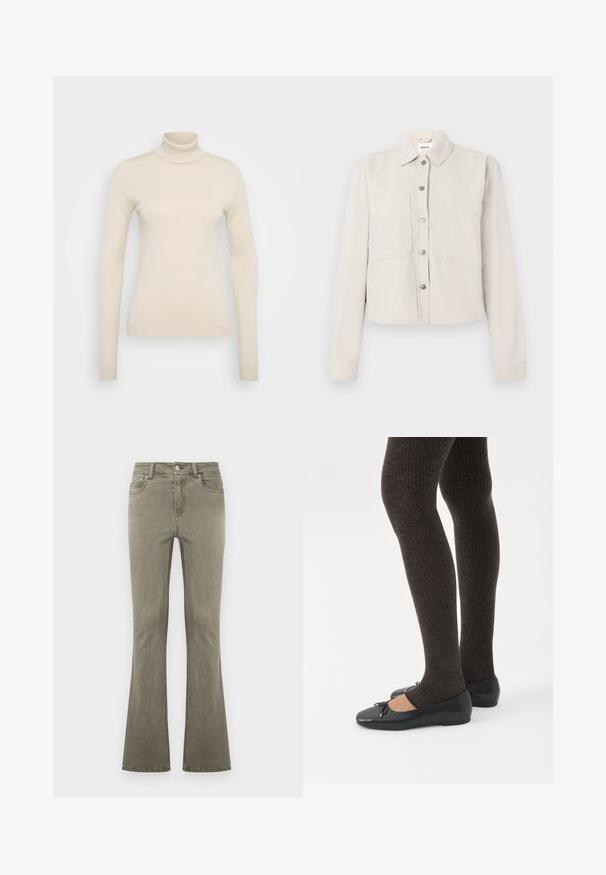 Lysebeige cropped jakke med lange ærmer, sølvfarvede trykknapper foran, spids krave og to brystlommer.; Vero Moda Tall VMHAPPINESS ROLLNECK - Striktrøje - oatmeal; Olivenfarvede jeans med lige ben, for-trykknapslukning, bæltestropper og femlommesdesign, vist på en ensfarvet baggrund.; Ben iført mørke ribbede leggings kombineret med sorte balletsko med små sløjfedetaljer på hvid baggrund.