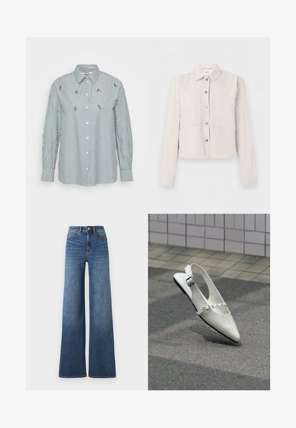 Lysebeige cropped jakke med lange ærmer, sølvfarvede trykknapper foran, spids krave og to brystlommer.; Stribet langærmet skjorte i grøn og hvid med lodrette striber, knaplukning foran og dekorative metalblomsterdetaljer.; Blå cowboybukser med høj talje, brede ben, knap- og lynlåslukning foran samt lommer foran og bagpå.; Hvid spids slingback flad sko med to sølvspænder, vist udendørs på tekstureret underlag og flisebelagt væg baggrund.