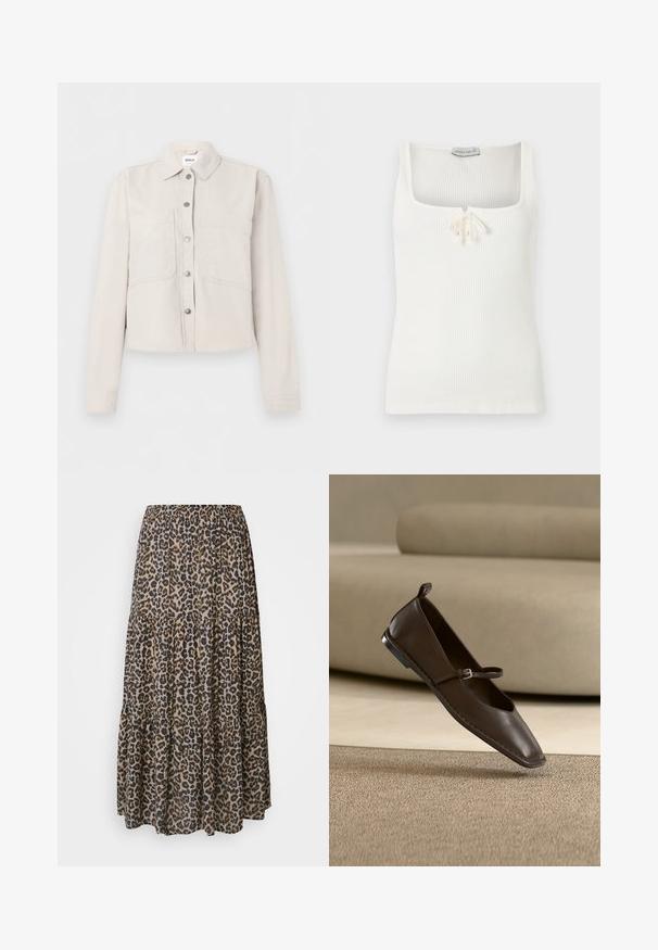 Hellbeige, kurz geschnittene Jacke mit langen Ärmeln, silbernen Druckknöpfen vorne, spitzem Kragen und zwei Brusttaschen.; Weißes, geripptes ärmelloses Tanktop mit quadratischem Ausschnitt und kleinem, mittig vorne gebundenem Schleifendetail.; Maxi-Rock mit Leo-Print, elastischem Taillenbund, gestuften Design und weichem, leichtem Stoff in Brauntönen, Schwarz und Beige.; Dunkelbrauner flacher Mary Jane Lederschuh mit einer kleinen Schnalle, aufrecht stehend auf einem beigen Teppich vor einem hellfarbenen Sofa.