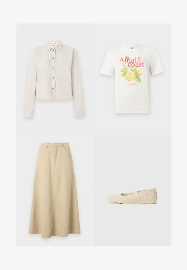 Veste courte beige clair avec manches longues, boutons-pression argentés sur le devant, col pointu et deux poches poitrine.; T-shirt blanc à manches courtes avec le texte "the Amalfi coast" et un graphisme de fruit de citron et de feuilles vertes sur le devant.; Jupe beige taille haute en forme trapèze avec passants de ceinture, bouton frontal, fermeture éclair et poches latérales, en tissu résistant.; Ballerines beiges avec une exterior en cuir lisse, un bout en forme d'amande et une sangle élastique sur le coup de pied, avec des détails de couture subtils.