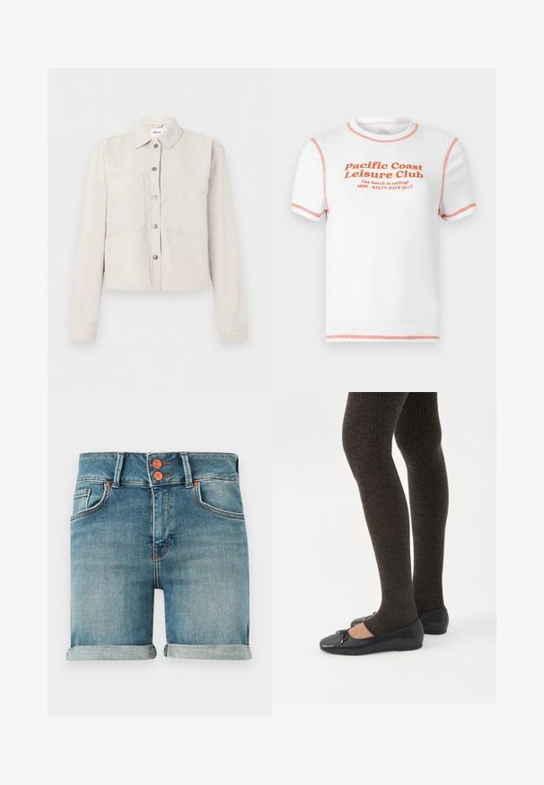 Veste courte beige clair avec manches longues, boutons-pression argentés sur le devant, col pointu et deux poches poitrine.; T-shirt blanc à manches courtes avec surpiqûres contrastantes orange et texte orange indiquant "Pacific Coast Leisure Club The beach is calling! 1800 - SALTY DAYS."; Shorts en denim bleu avec ourlets roulés, double bouton en cuivre, poches avant et passants pour ceinture sur un fond uni.; Jambes portant des leggings côtelés foncés associés à des ballerines noires avec de petits détails en nœud sur fond blanc.