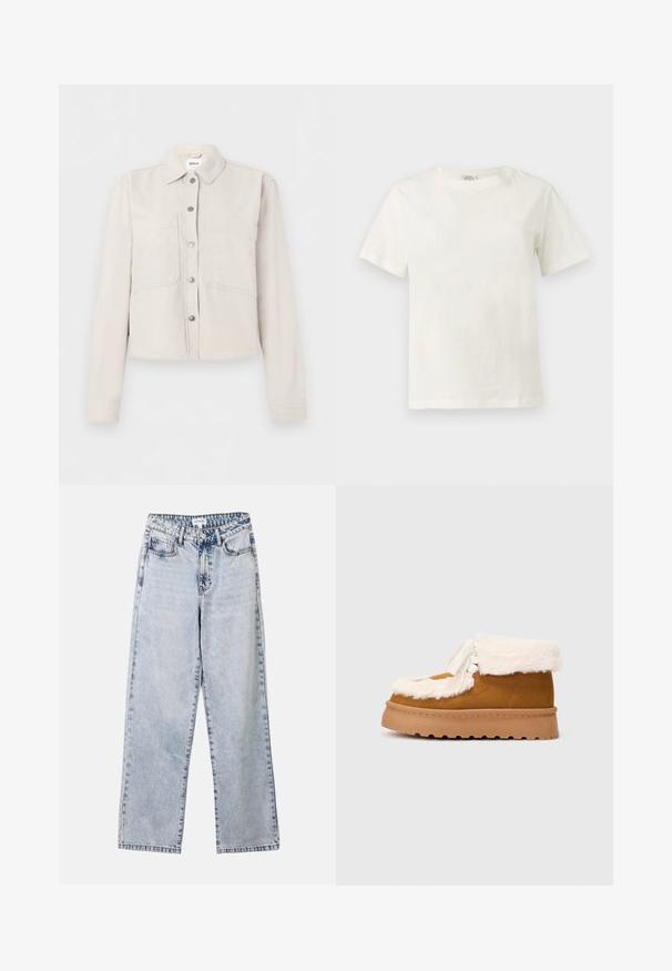 Veste courte beige clair avec manches longues, boutons-pression argentés sur le devant, col pointu et deux poches poitrine.; T-shirt blanc en coton, manches courtes, col rond, présenté sur un fond gris clair neutre.; Jean droit bleu clair en denim, doté de deux poches avant, d'une fermeture à bouton et de coutures contrastées le long des coutures.; Bottine en daim marron avec un bord en fausse fourrure blanche, semelle en caoutchouc plate et lacets décoratifs. Présente une pointe arrondie et une surface texturée.