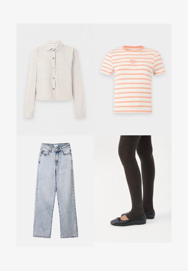 Veste courte beige clair avec manches longues, boutons-pression argentés sur le devant, col pointu et deux poches poitrine.; T-shirt blanc à manches courtes avec col rond, rayures horizontales couleur pêche et une petite fleur rose brodée sur la poitrine.; Jean droit bleu clair en denim, doté de deux poches avant, d'une fermeture à bouton et de coutures contrastées le long des coutures.; Jambes portant des leggings côtelés foncés associés à des ballerines noires avec de petits détails en nœud sur fond blanc.