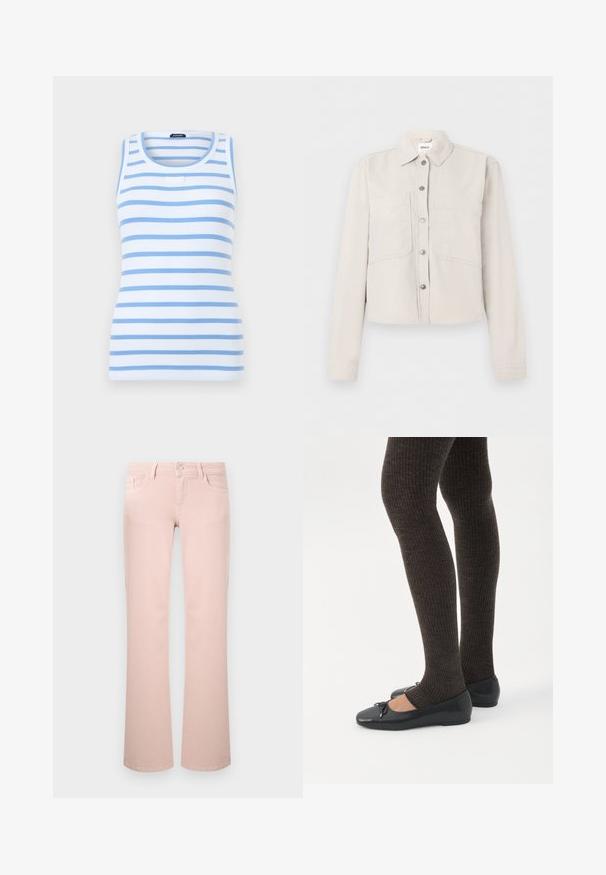 Veste courte beige clair avec manches longues, boutons-pression argentés sur le devant, col pointu et deux poches poitrine.; Débardeur blanc sans manches en maille côtelée avec des rayures horizontales bleu clair et un col rond, présenté sur un fond uni.; Jean rose clair à jambes droites avec poches avant, passants pour ceinture et fermeture à bouton métallique.; Jambes portant des leggings côtelés foncés associés à des ballerines noires avec de petits détails en nœud sur fond blanc.