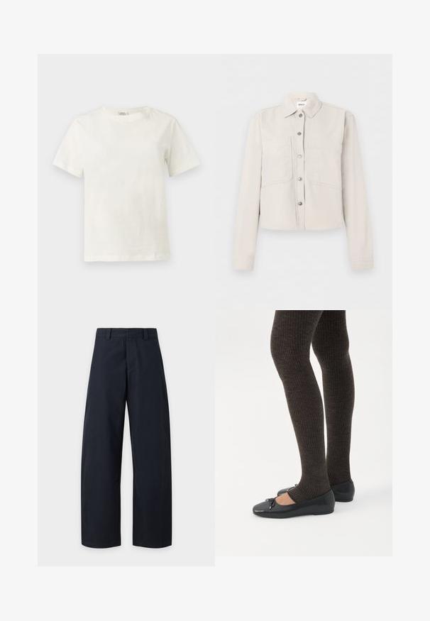 Veste courte beige clair avec manches longues, boutons-pression argentés sur le devant, col pointu et deux poches poitrine.; T-shirt blanc en coton, manches courtes, col rond, présenté sur un fond gris clair neutre.; Pantalon bleu marine à jambes larges, avec passants de ceinture et fermeture éclair sur le devant, sur un fond clair uni.; Jambes portant des leggings côtelés foncés associés à des ballerines noires avec de petits détails en nœud sur fond blanc.