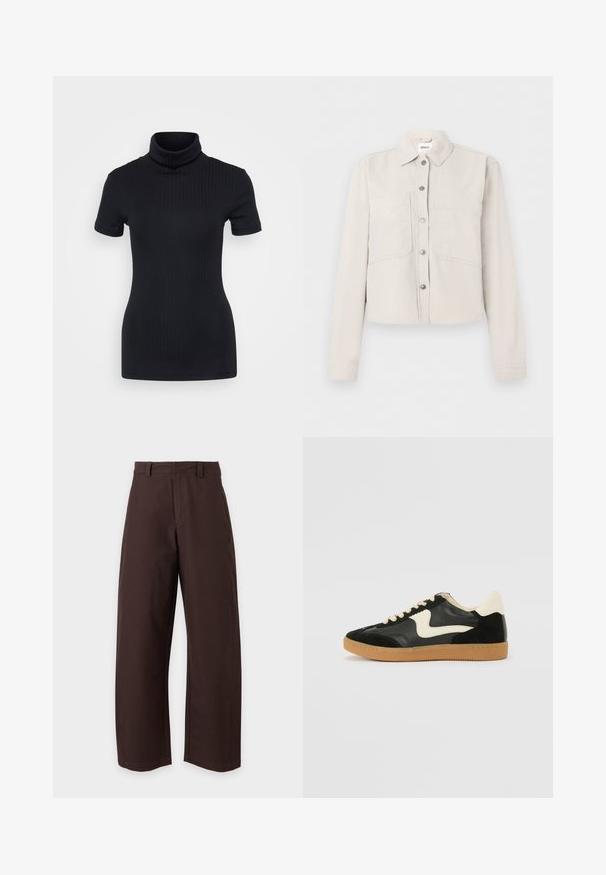 Lysebeige cropped jakke med lange ærmer, sølvfarvede trykknapper foran, spids krave og to brystlommer.; Sorte ribbede turtleneck top, korte ærmer, tætsiddende design, blød tekstur, minimale sømme og en høj krave.; Brune bukser med lige ben, bæltestropper og frontlynlås, vist mod en ensfarvet hvid baggrund.; Sorte ruskinds- og lædersneakers med en cremefarvet side-swoosh og lys cremefarvet hæl. Har beige snørebånd og en gummirubber-sål.
