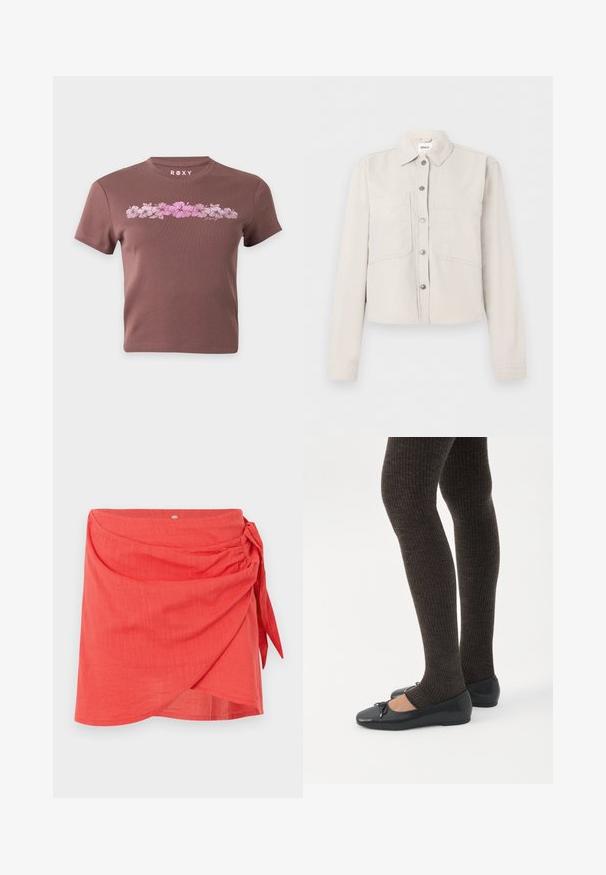 Veste courte beige clair avec manches longues, boutons-pression argentés sur le devant, col pointu et deux poches poitrine.; T-shirt marron court avec manches courtes, présentant une rangée horizontale de fleurs d'hibiscus roses et le nom de la marque Roxy au-dessus du motif.; Mini-jupe corail style portefeuille avec un nœud latéral et un tissu subtilement texturé sur un fond clair uni.; Jambes portant des leggings côtelés foncés associés à des ballerines noires avec de petits détails en nœud sur fond blanc.