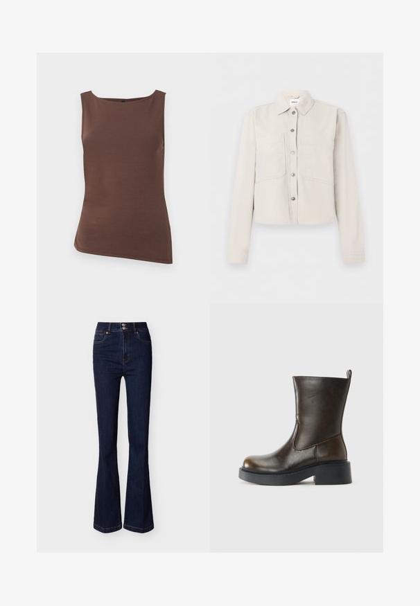 Veste courte beige clair avec manches longues, boutons-pression argentés sur le devant, col pointu et deux poches poitrine.; Haut marron ajusté sans manches, avec un col bateau et un ourlet droit, présenté sur un fond blanc uni.; Jean en denim bleu foncé taille haute avec jambes évasées, poches avant et fermeture à double bouton à la taille.; Botte en cuir marron foncé jusqu'au mollet avec un bout rond, épaisse semelle noire, petit talon block, et une languette à l'arrière.
