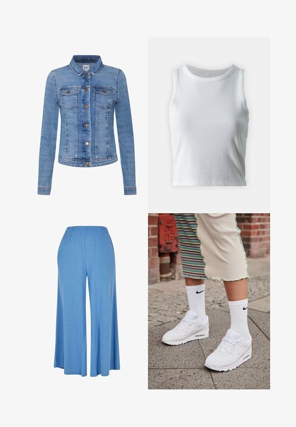 Veste en denim bleu clair avec col, deux poches poitrine, fermeture boutonnée et accents métalliques. Style camionneur classique avec une coupe ajustée.; Débardeur blanc côtelé avec un décolleté rond et sans manches, présentant un ourlet droit et une texture lisse et extensible.; Pantalons larges bleu clair en tissu doux, dotés d'une taille élastique et d'une coupe ample qui s'étend jusqu'au milieu du mollet.; Baskets Nike Air Max 90 blanches avec une tige en maille et cuir, dotées d'une unité d'air visible, accompagnées de chaussettes blanches côtelées avec un logo noir.
