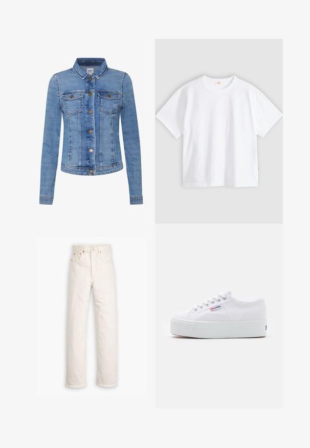 Helle blaue Jeansjacke mit Kragen, zwei Brusttaschen, Knopfverschluss und Metallelementen. Klassischer Trucker-Stil mit taillierter Form.; Weißes Baumwoll-T-Shirt mit kurzen Ärmeln, rundem Ausschnitt, lockerer Passform, glatter Textur und einem kleinen Logetikett an der linken Seitennaht.; Weiße Denim-Jeans mit geradem Bein, im Fünf-Taschen-Stil und mit kupferfarbenen Hardware-Details. Rohschnitt an den Knöcheln.; Weiße Leinenschuhe mit einer dicken weißen Plattformsohle, runder Zehenpartie und Metallösen für die Schnürsenkel. Markenlogo an der Seite angebracht.
