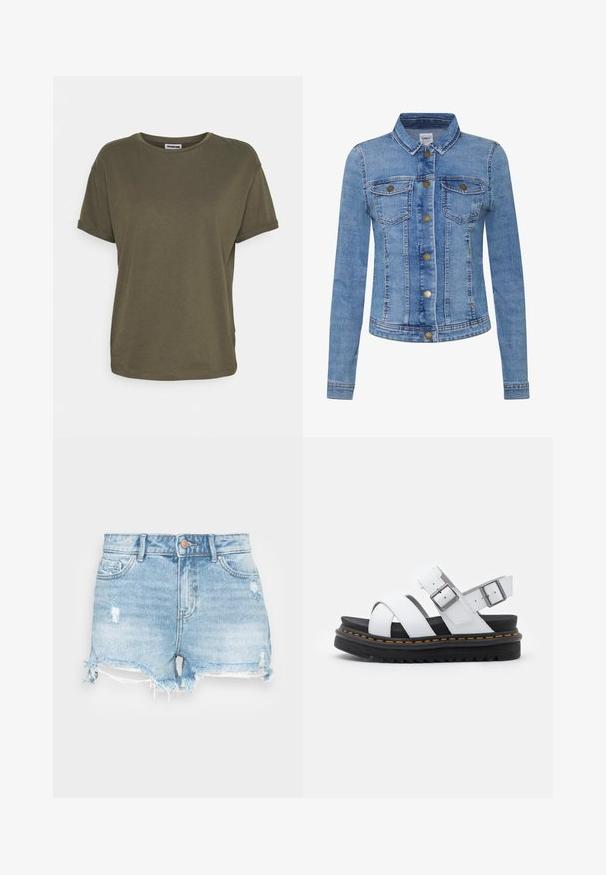 Chaqueta de mezclilla azul claro con cuello, dos bolsillos en el pecho, cierre de botón y acentos metálicos. Estilo clásico de camionero con forma ajustada.; Noisy May NMBRANDY - Camiseta básica - kalamata; Shorts de mezclilla en azul claro con un acabado desgastado, dobladillo deshilachado y diseño clásico de cinco bolsillos. Presenta un cierre de botón metálico.; Sandalias de cuero blancas con correas ajustables con hebilla, suela de plataforma negra en capas y detalle de costura naranja a lo largo del borde.