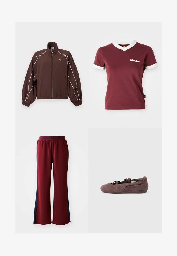 Pruun Puma jooksujakk, mille varrukate kõrvalvalge torukujuline detail, ees täispikk tõmblukk, elastsed mansetid ja alläär ning väike kuldne Puma logo rinnal.; Burgundia V-kaeluseline T-särk valgete ribadega kaeluses ja varrukatuttides. Vasakul rinnal on valge "Dickies" logo. Valmistatud puuvillast, sobiva kujundusega.; Punased vabaaja püksid, millel on lai lõige ja tumesinised küljeribad. Mugavust pakkuv elastne vöökoht.; Pruun seemisnahast baleriinaking elastsete rihmade ja tekstureeritud tallaga, nähtud küljelt heledal ühetoonilisel taustal.