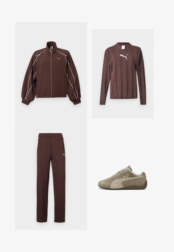 Veste de survêtement Puma marron avec passepoil blanc le long des manches, fermeture éclair intégrale à l'avant, poignets et ourlet élastiques, et petit logo Puma doré sur la poitrine.; Pull marron à manches longues avec des rayures verticales texturées et un logo Puma blanc centré sur la poitrine sur un fond uni.; Pantalon de survêtement marron avec une finition texturée, taille élastique, poches latérales zippées et un logo sur la jambe gauche.; Baskets en daim marron clair avec des accents plus foncés, présentant un design bas, un système de laçage et un logo de marque sur le côté.