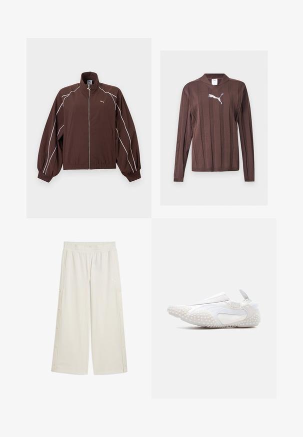 Veste de survêtement Puma marron avec passepoil blanc le long des manches, fermeture éclair intégrale à l'avant, poignets et ourlet élastiques, et petit logo Puma doré sur la poitrine.; Pull marron à manches longues avec des rayures verticales texturées et un logo Puma blanc centré sur la poitrine sur un fond uni.; Pantalons larges beiges avec une taille élastique, des fermetures à pression sur le côté et un petit logo à l'avant. Fabriqués dans un matériau léger et lisse.; Baskets blanches sans lacets avec semelle en caoutchouc texturée et côtés, col élastique et languette au talon, vues de profil sur fond uni.