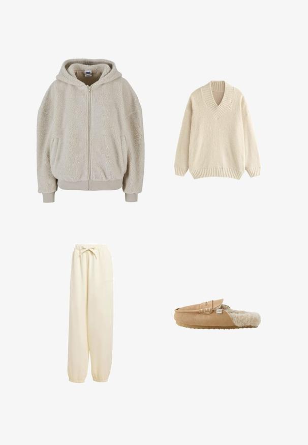 Cremefarvet, fleece-fôret zip-up hættejakke med en struktureret overflade, ribbede manchetter og to sidelommer.; Cremefarvet pullover sweater med v-udskæring, ribbet krave og manchetter. Fremstillet af blødt, tekstureret stof med en løs pasform og nedfaldne skuldre.; Beige, løstsiddende sweatpants lavet af blødt materiale. Har en elastisk talje med snoretræk og elastiske manchetter ved anklerne.; Lysebrun ruskind slip-on tøffel med blødt cremefarvet imiteret pelsfoder og flad gummisål vist fra siden.