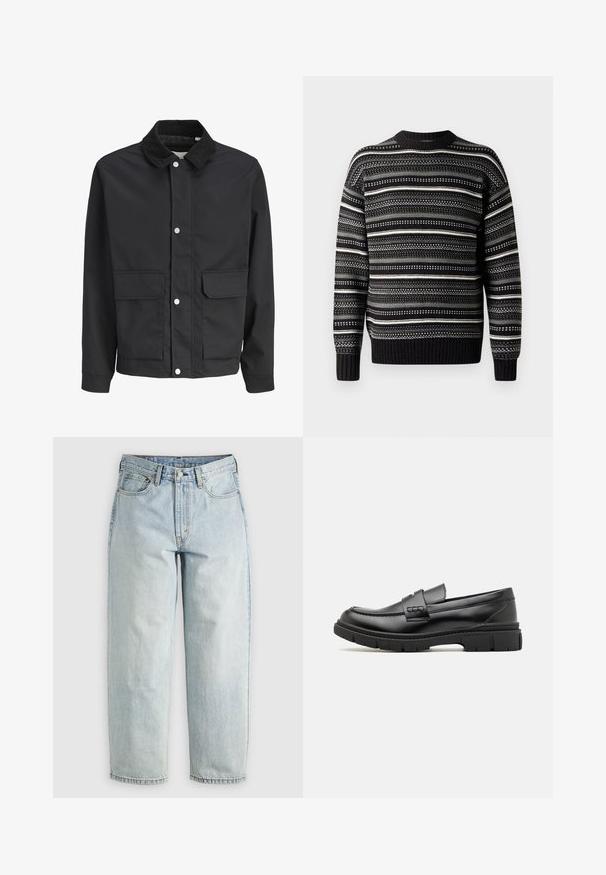 Zwart casual jack met corduroy kraag, drukknoopsluiting en twee grote klepzakken aan de voorkant.; Zwart en grijs gebreid sweater met een gestreept patroon, variërend in texturen en met witte accenten. Ribgebreide hals en manchetten.; Lichtblauwe denim jeans met een rechtBeen, vijf zakken en een knoopsluiting; heeft vervaagde gebieden en subtiele stikdetails.; Zwarte leren instapper met een brede band over de voet, rubberen zool met dikke noppen en een gladde textuur. Klassiek, strak ontwerp.