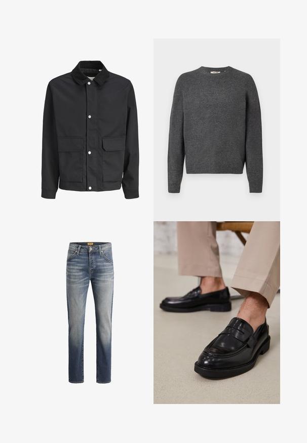 Zwart casual jack met corduroy kraag, drukknoopsluiting en twee grote klepzakken aan de voorkant.; Donkergrijze trui gemaakt van zachte breimaterialen, met een ronde hals, lange mouwen en geribde onderrand en mouwen. Eenvoudig ontwerp, geen patronen.; Slim-fit jeans van denim stof, met een middelblauwe wassing, vijf zakken en gestikte accenten op de naden.; Zwarte leren loafers met een gladde afwerking, voorzien van een decoratieve band en contrasterende stiksels, gecombineerd met beige broeken.
