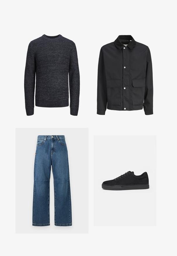 Veste décontractée noire avec col en velours côtelé, fermeture à boutons-pression et deux grandes poches à rabat sur le devant.; Pull en tricot noir et gris avec des speckles, à manches longues et avec des poignets, un ourlet et un col rond côtelés, présenté sur un fond blanc.; Jeans en denim bleu avec une coupe relaxée, des jambes droites, des coutures visibles et une fermeture à bouton à l'avant. Comprend une poche latérale avec un accent.; Baskets basses noires avec fermeture à lacets à l'avant et semelle en caoutchouc plate, vues de profil sur fond blanc.