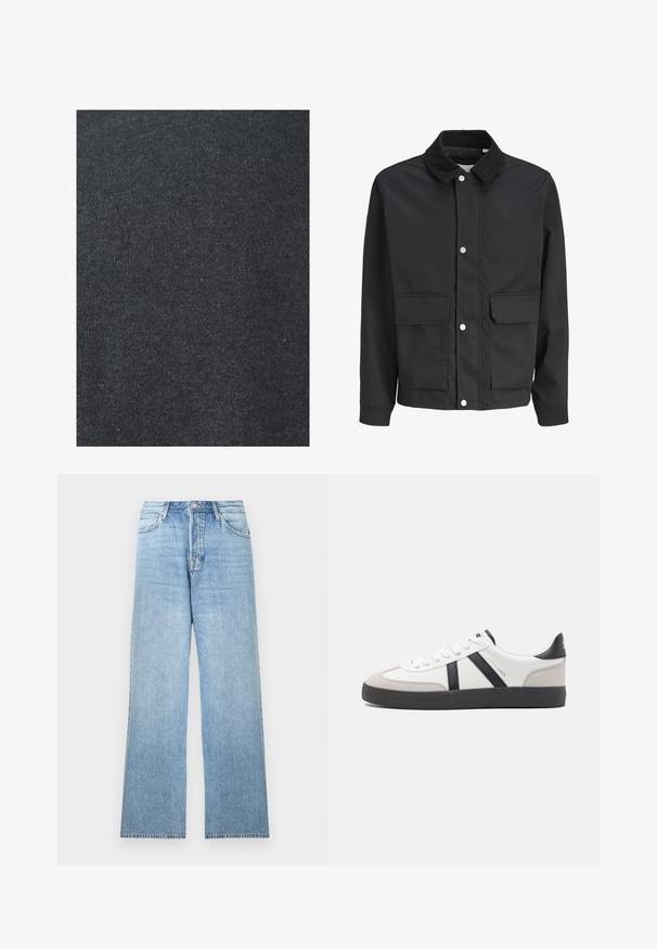 Veste décontractée noire avec col en velours côtelé, fermeture à boutons-pression et deux grandes poches à rabat sur le devant.; Tissu en coton noir avec une texture lisse, présentant un motif de tricot uniforme et sans embellissements ni détails en métal visibles.; Jean en denim bleu clair avec coupe droite, fermeture par bouton au sommet, cinq poches et ourlets effilochés.; Baskets blanches avec des accents noirs et gris, présentant un embout texturé gris, une semelle en caoutchouc noir et des lacets plats blancs. Design épuré, style minimaliste.