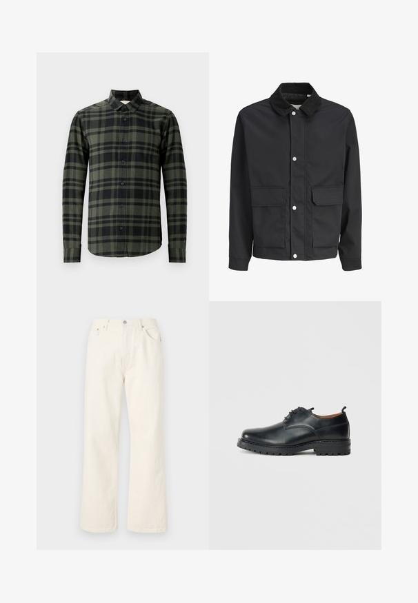 Zwart casual jack met corduroy kraag, drukknoopsluiting en twee grote klepzakken aan de voorkant.; Langoe mouw shirt in donker groen en zwart geruit patroon, gemaakt van flanel. Heeft een klassieke kraag en zwarte knopen.; Crème kleurige wijde jeans gemaakt van denim, met een standaard vijf-pocket ontwerp en een metalen knoopsluiting bij de taille.; Zwarte leren derby schoenen met een gladde textuur, ronde neus, vetersluiting en een dikke, robuuste rubberen zool.