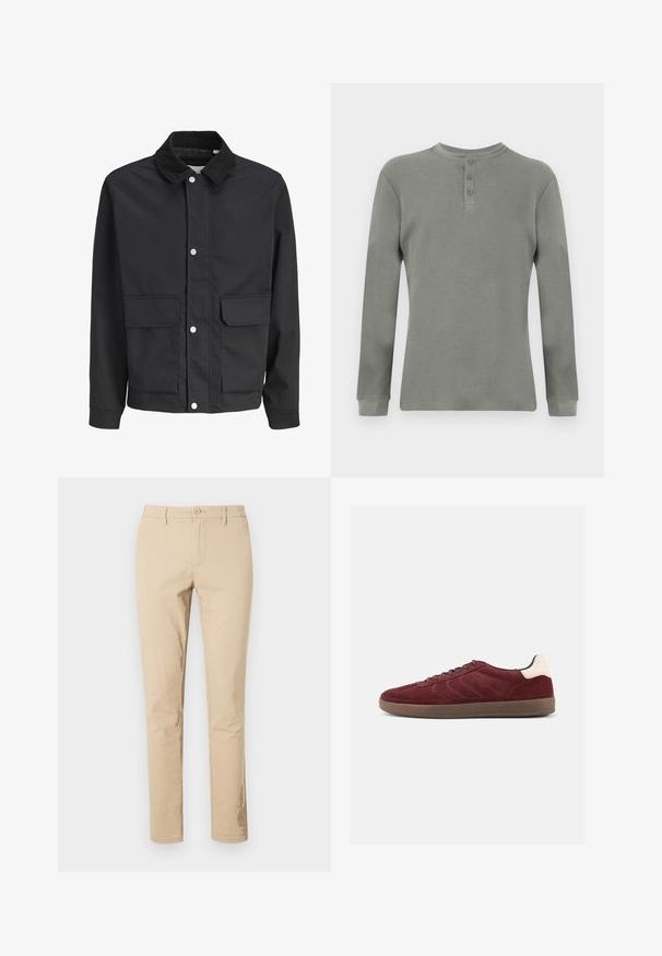 Veste décontractée noire avec col en velours côtelé, fermeture à boutons-pression et deux grandes poches à rabat sur le devant.; Chemise henley à manches longues en tissu gaufré gris clair. Présente un col rond et une patte de boutonnage à trois boutons. Les poignets sont côtelés.; Pantalons en coton beige avec une coupe classique, fermeture éclair avec bouton, passants de ceinture et ourlets propres. Aucun motif ni accent visible.; Baskets en daim bordeaux avec fermeture à lacets, détails texturés sur les côtés et accent de talon clair. Semelle en gomme avec une finition lisse.
