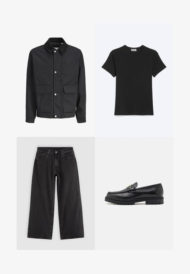 Sort afslappet jakke med manchesterkrave, trykknaplukning og to store frontlommer med klap.; Enkel sort t-shirt med korte ærmer og rund hals med et Weekday-mærke inde i kraven, vist på en hvid baggrund.; Sorte denim jeans med vide ben, forlommer, bæltestropper og knaplukning, vist på en ensfarvet lys baggrund.; Sorte læder loafers med en glat finish, rund tå, en dekorativ rem med guldhardware og en robust sort sål.