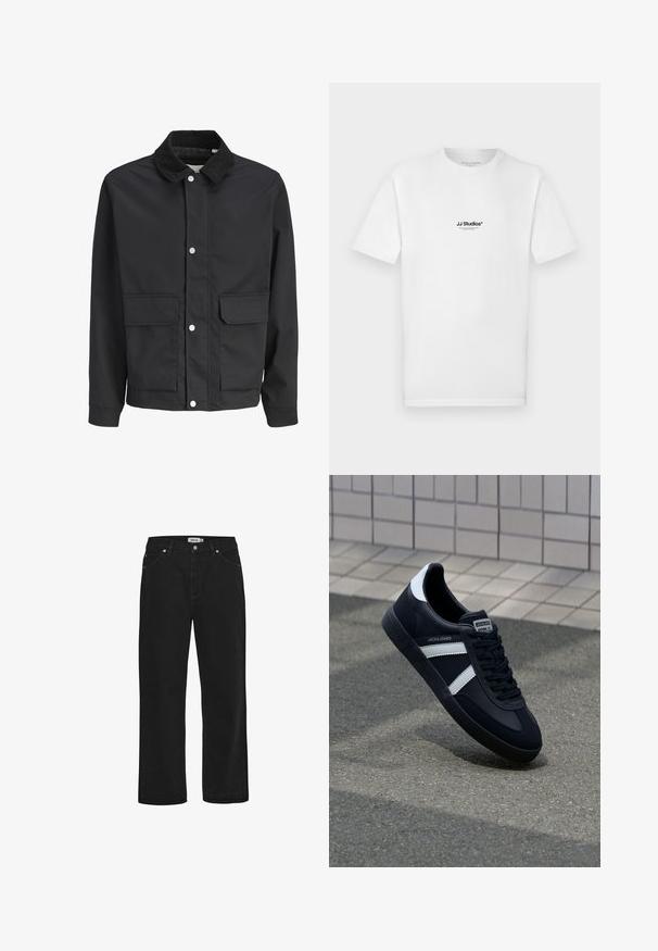 Schwarze Freizeitjacke mit Cordkragen, Druckknopfverschluss und zwei großen aufgesetzten Taschen vorne.; Weißes Baumwoll-T-Shirt mit kurzen Ärmeln und rundem Ausschnitt. Verfügt über ein kleines schwarzes "JJ Studios"-Logo auf der Brust.; Schwarze Jeans aus Denim mit geradem Schnitt, Fünf-Taschen-Design, Kupferhardware-Akzenten und einem robusten Bund. Glatte Textur, schlichte Stil.; Schwarze Leder-Sneaker mit weißen Streifen, strukturiertem Gummisohle und Schnürung. Verfügt über ein Markenetikett auf der Zunge.
