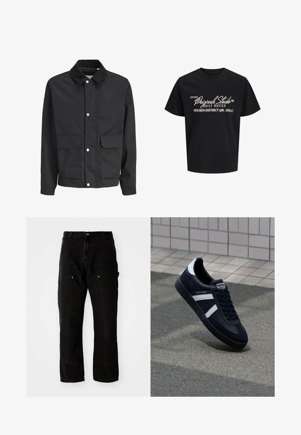 Zwart casual jack met corduroy kraag, drukknoopsluiting en twee grote klepzakken aan de voorkant.; Zwart T-shirt met korte mouwen en ronde hals met witte tekst: "Certified Originals Studio Daily Basics Holmen District cph. 1990" aan de voorkant.; Zwarte denim cargobroek met een relaxed fit, voorzien van twee zijzakken, steekzakken en zichtbare stiksels.; Zwarte leren sneaker met witte strepen, een gestructureerde rubberen zool en vetersluiting aan de voorkant. Voorzien van een merklabel op de tong.