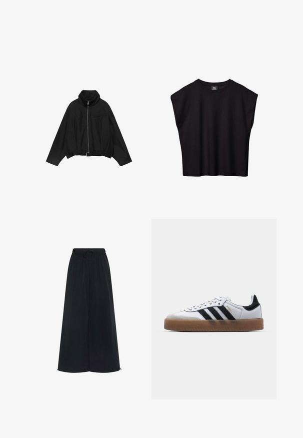 PULL&BEAR BALLOON - Let jakke / Sommerjakker - black; Sort ærmeløs top med brede skuldre og rund halsudskæring, mærket B6 af Ambienteurs, vist på en hvid baggrund.; Sorte bukser med bred benvidde, elastisk talje og justerbar snor. Fremstillet af letvægtsstof med en glat tekstur. Ingen synlige mønstre.; Hvide lædersneakers med sorte striber, gummirubber sål, rund tå, snørelukning og blød grå ruskinds tåhætte.