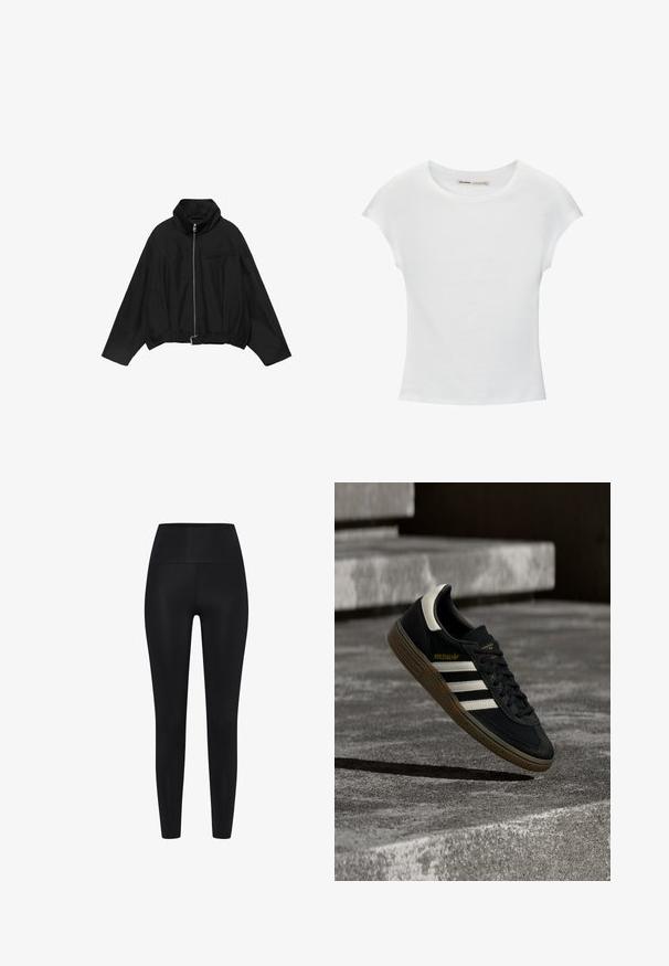 PULL&BEAR BALLOON - Leichte Jacke - black; Weißes Baumwoll-T-Shirt mit kurzen, aufgerollten Ärmeln, rundem Ausschnitt und geradem Saum. Glatte Textur ohne sichtbare Muster oder Akzente.; Schwarze Leggings aus dehnbarem Stoff. Hohe Taillenhöhe, glatte Textur, körpernahe Silhouette, keine sichtbaren Muster oder Verzierungen.; Schwarzer Adidas-Sneaker mit weißen Streifen und Gummisohle schwebt über grauen Betonstufen im natürlichen Licht.