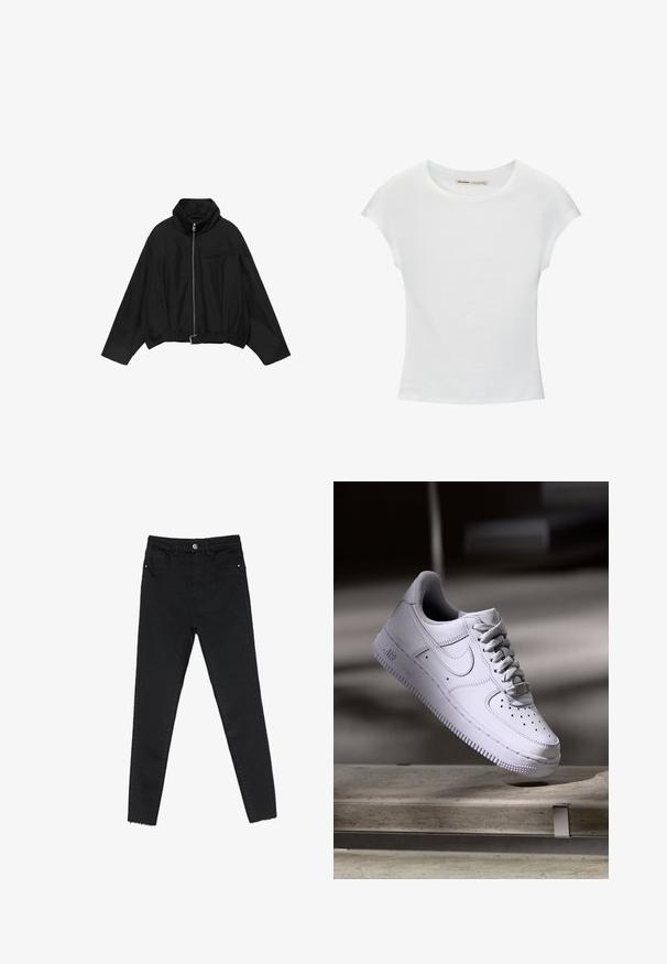 PULL&BEAR BALLOON - Leichte Jacke - black; Weißes Baumwoll-T-Shirt mit kurzen, aufgerollten Ärmeln, rundem Ausschnitt und geradem Saum. Glatte Textur ohne sichtbare Muster oder Akzente.; Schwarze enge Jeans aus Denim mit hoher Taille, Fünf-Taschen-Design und rohem Saum an den Knöcheln. Klassischer Knopf- und Reißverschluss.; Weißer Nike Air Force 1 Sneaker schwebt über einer Betonoberfläche mit Schatten in einem minimalistischen Umfeld.