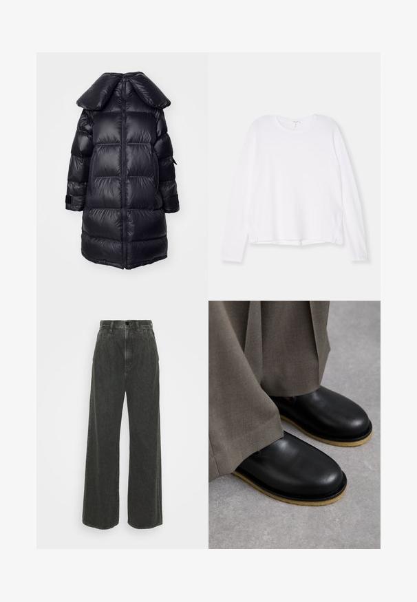 Black puffer coat with a large collar, featuring quilted sections, a central zipper, and elastic cuffs. Smooth, shiny fabric texture.; White long-sleeve shirt made of soft fabric, featuring a round neckline, relaxed fit, and side slits at the hem for ease of movement.; Goldsign THE EDGAR TROUSER - Wide Leg - vaughn; Black leather shoes with a rounded toe, flat sole, and contrasting light brown outsole, paired with loose gray trousers.