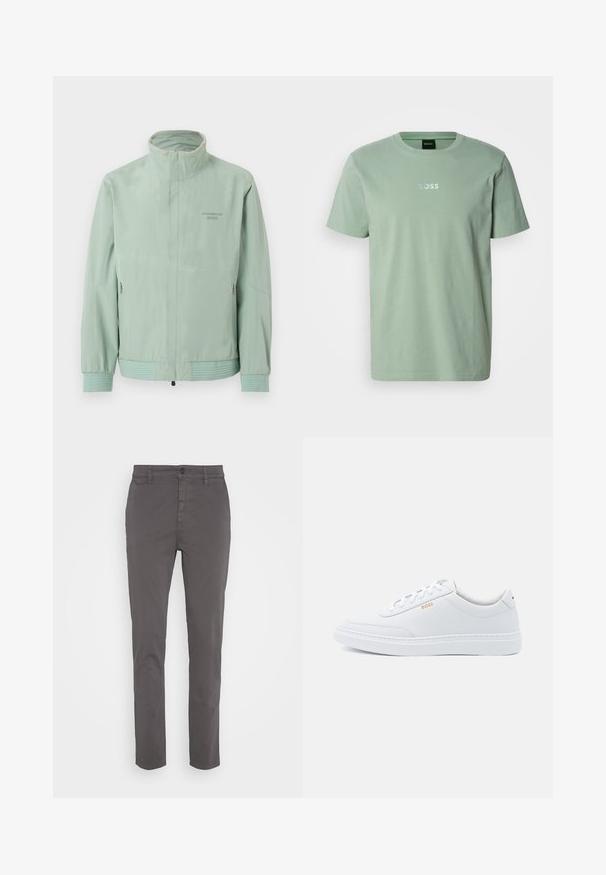 Veste zippée vert clair avec col montant, manches élastiques, poches latérales zippées et logo "Porsche BOSS" sur la poitrine.; T-shirt en coton vert menthe à manches courtes et col rond. Présente un logo en relief subtil de couleur bleu clair sur la poitrine.; Chino gris avec une coupe slim, fabriqué en coton respirant. Dispose d'une fermeture à bouton et de poches latérales, avec une finition lisse et mate.; Baskets blanches en cuir avec une texture lisse, bout rond et coutures tonales. Possède des lacets bleus et un logo doré sur le côté.