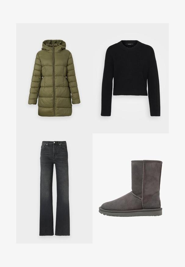 Olivengrøn polstret frakke med hætte, lynlås foran og quiltet mønster. Blød tekstur og midtlængde design, der er velegnet til vintervejr.; Sort cropped sweater lavet af strikket stof. Har en rund halsudskæring, lange ærmer og en tekstureret overflade med en tætsiddende pasform ved kanten.; Højtaljede sorte denimjeans med lige bukseben, med klassiske syninger og et design med fem lommer. Glat tekstur med minimal falmning.; Grå ruskinds ankelstøvle med en rund tå, lodrette sømdetaljer og en flad gummisål. Har et enkelt, uudsmykket design.