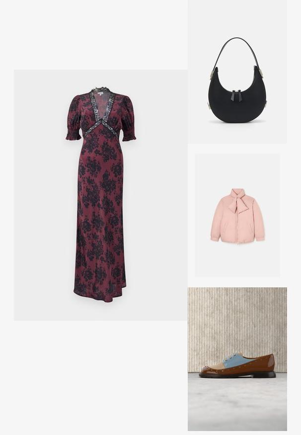 Rosa quiltet jakke med krave og en nakke sløjfe. Har en frontlynlås og to sidelommer. Blød tekstur med et subtilt mønster.; Lang burgunderfarvet kjole med sort blomstermønster, med pufærmer, en dyb V-udskæring og blondebordurer omkring udskæringen og taljen.; Brun og lyseblå sko med en blank finish, prydet med dekorative gyldne nitter og snøredesign, sat mod en beige tekstureret baggrund.; Sort lædertaske med en buet form, top lynlås lukning og to små dekorative løkker. Hardware i sølvfarvet tone.
