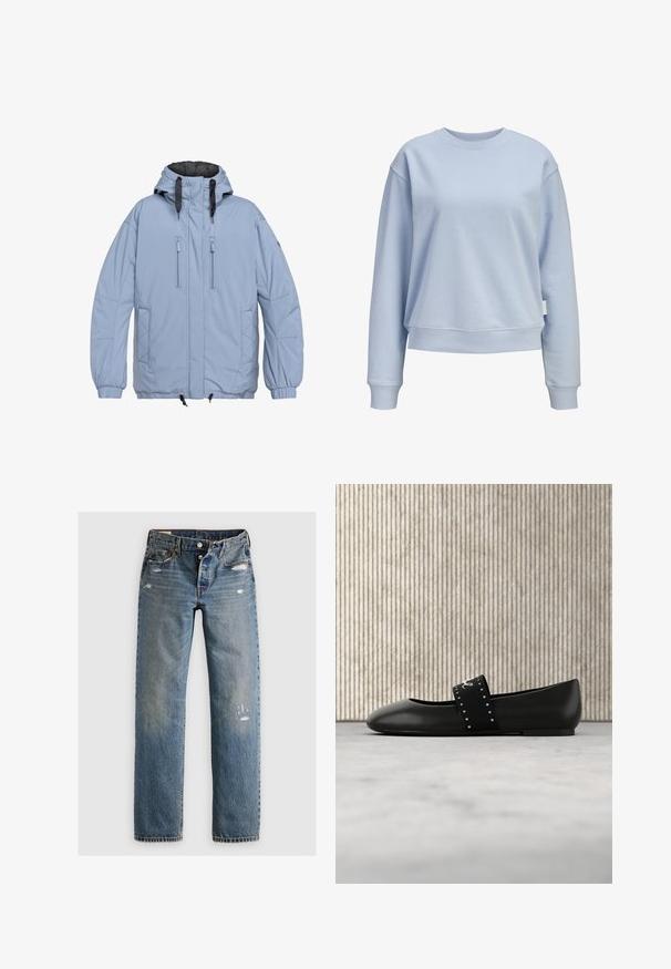 Helleblaue isolierte Jacke mit Kapuze, zwei mit Reißverschluss versehenen Brusttaschen, elastischen Bündchen, verstellbarem Saum und Rautenmuster-Details an den Seiten.; Hellblauer Sweatshirt mit Rundhalsausschnitt, langen Ärmeln sowie gerippten Bündchen und Saum, vor weißem Hintergrund dargestellt.; Blaue Denim-Jeans im geraden Schnitt, mit Rissen und ausgebleichten Bereichen. Der Stoff hat eine strukturierte Oberfläche und genähte Nähte.; Schwarzer Ballettflachschuh aus Leder mit runder Spitze, ausgestattet mit einem schwarzen Riemen mit silbernen Nieten und Markenlogo, vor beigem strukturiertem Hintergrund.
