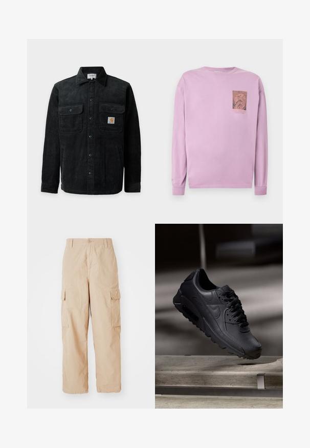 Sort kordfløjlsjakke med knapper og to brystlommer, hvoraf den ene har et lille firkantet Carhartt-logo.; Lavendel langærmet skjorte med en lille grafik og tekst på venstre bryst, der viser et indviklet cirkulært design.; Beige cargo bukser med afslappet pasform, lavet af letvægtsstof, med to sidelommer og en knaplukning i taljen.; Sorte Nike Air Max-sneakers med en struktureret læderoverdel, gummisål og fremtrædende snøresystem, der viser et slankt, moderne design.