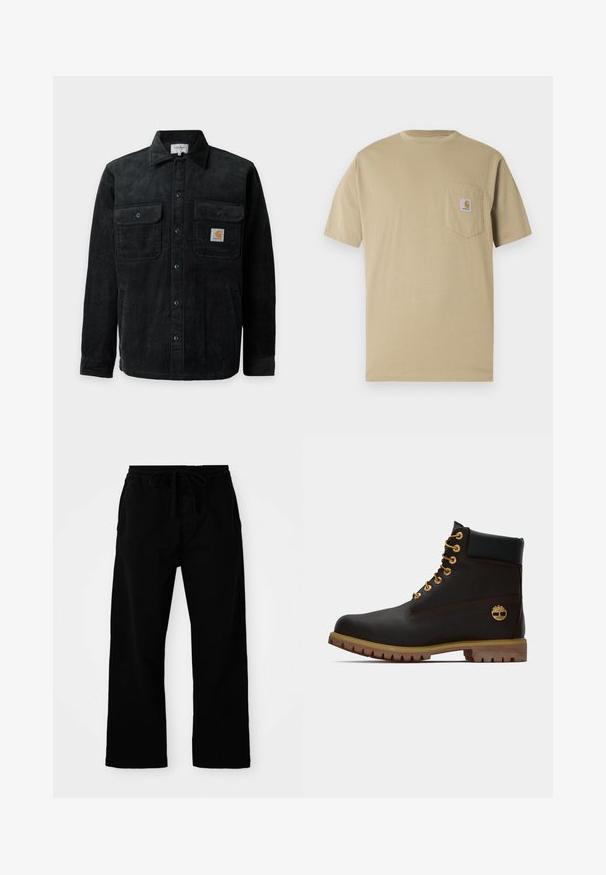 Veste noire en velours côtelé à boutons avec deux poches poitrine, dont une avec un petit patch carré du logo Carhartt.; T-shirt beige à manches courtes en coton, doté d'une poche poitrine gauche avec un écusson logo. Col rond classique avec une coupe régulière.; Pantalons noirs à taille élastique avec cordon de serrage réglable, jambes larges et texture en coton lisse. Pas de motifs ni de détails matériels visibles.; Bottine noire en cuir avec œillets dorés, accents marron et semelle en caoutchouc. Comprend un col rembourré et un logo estampé sur le côté.