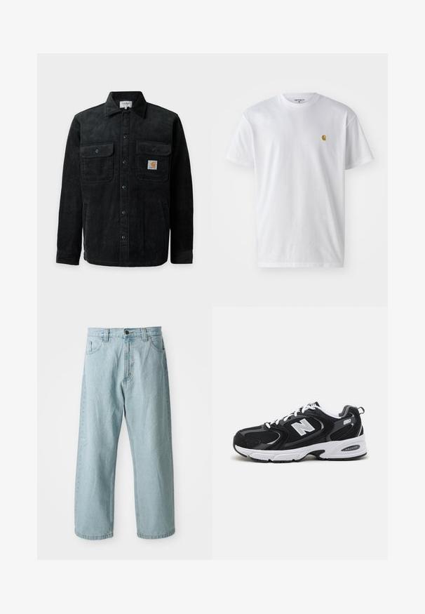 Sort kordfløjlsjakke med knapper og to brystlommer, hvoraf den ene har et lille firkantet Carhartt-logo.; Hvid bomulds t-shirt med korte ærmer, rund hals og et lille guld logo på venstre brystområde. Blød tekstur og almindelig pasform.; Lys blå denim jeans med et bredt ben-design. Har fem lommer, frontknap og lynlås lukning, samt en let falmet tekstur.; Sorte og grå sportssko med mesh og ruskind på overdelen, der har en hvid mellemsål, snørebånd og et iøjnefaldende "N" logo på siden.