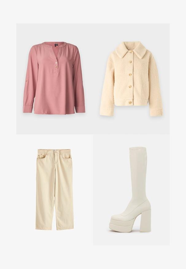 Beige, fleece-takki, jossa on kaulus, napitus edessä ja kaksi sivutaskua. Sisältää pehmeän, teksturoidun pinnan ja lyhyen leikkauksen.; Pitkähiha, ruusunvärinen pusero, jossa on V-pääntie, pyöreä kaulus, kolme kultakehystettyä nappia ja rullattavat hihat. Sujuva kangas, jossa on minimaalinen tekstuuri.; Beige puuvillahousut, joissa on rento malli, nappikiinnitys, viisi taskua ja suorat lahkeet. Pehmeä pinta ja siisti muotoilu.; Steve Madden CYPRESS - Platform-saappaat - off white