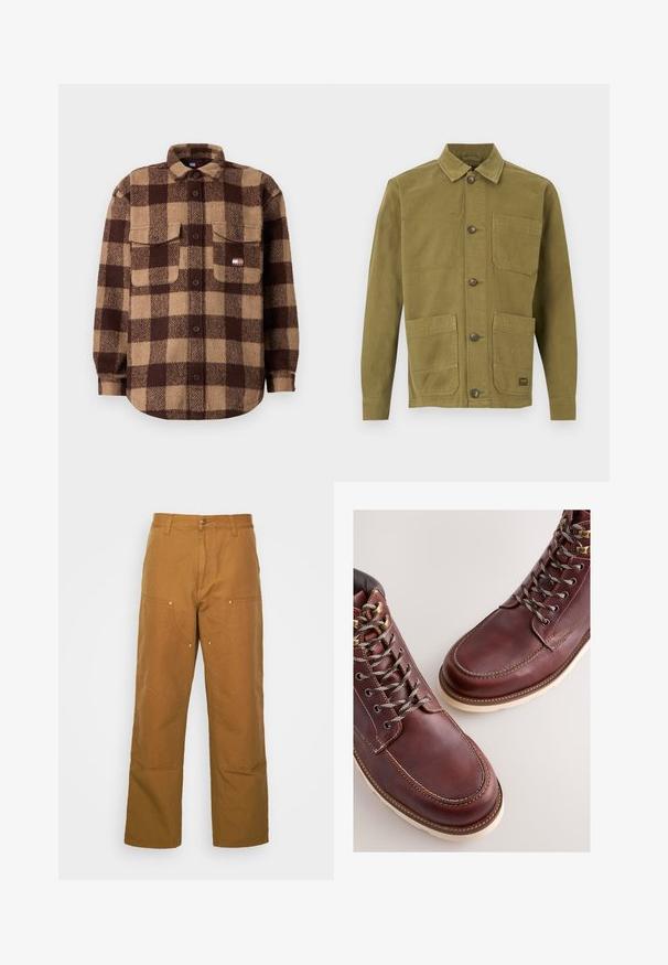 Braun-beige kariertes Wollhemd mit Knöpfen, zwei Brusttaschen und einem kleinen Tommy Jeans Logo auf der linken Tasche.; Olivgrüne Canvas-Jacke mit Kragen, zwei Fronttaschen und Knopfverschluss. Strukturierter Stoff mit sichtbaren Nahtdetails.; Braune Baumwoll-Arbeitshosen mit geradem Bein, die über Vordertaschen und Metallakzente für zusätzliche Strapazierfähigkeit verfügen.; Braune Lederstiefel mit einer glatten Oberfläche, ausgestattet mit Metallösen, grauen Schnürsenkeln und einer cremefarbenen Gummisohle. Nahtdetail entlang der Kanten.