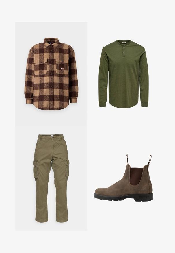 Brun- og beige ternet uldskjorte med knaplukning, to brystlommer og et lille Tommy Jeans-logo på venstre lomme.; Olivengrøn langærmet skjorte med henley-halsudskæring, tre knapper og buet kant. Fremstillet af blødt, tekstureret stof med tætsiddende manchetter.; Olivengrønne cargo bukser lavet af bomuld, med et lige ben-design, sidelommer og diskrete syninger. Teksturen er glat, og stoffet er holdbart.; Brune læder chelsea-støvle med elastiske sidepanelen, trækflapper og en sort gummisål med et struktureret slidbane for bedre greb.